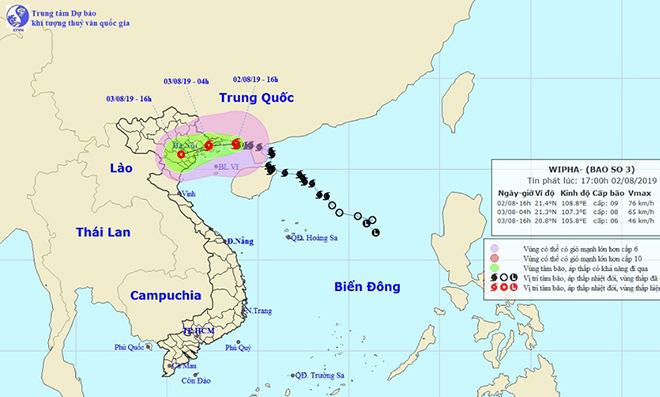 Dự kiến bão số 3 sẽ đổ bộ đất liền các tỉnh từ Quảng Ninh đến Nam Định vào rạng sáng 3/8. Ảnh Trung tâm Dự báo KTTVQG.