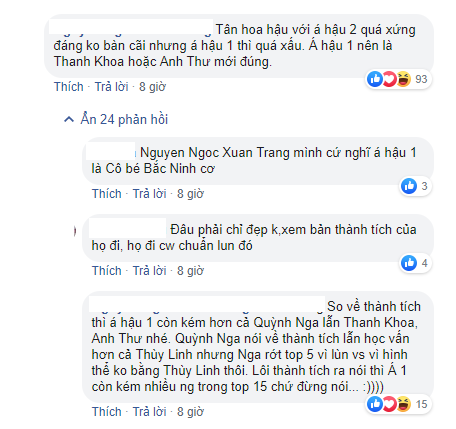 Nhiều người cho rằng Á hậu 1 không xứng đáng ở vị trí mà Ban giám khảo đã chọn lựa.