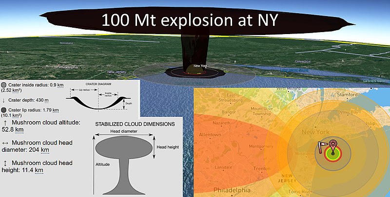 Phác họa sức công phá của siêu ngư lôi Poseidon nếu kích nổ ở vùng ven biển New York.