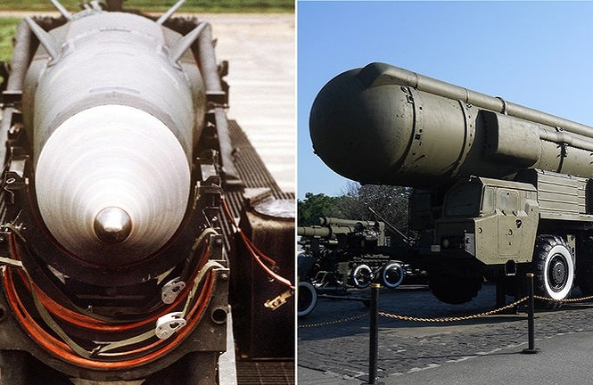 Các vũ khí bị cấm theo INF: tên lửa Pershing II (trái) và tên lửa đạn đạo tầm trung SS-20 (phải). Ảnh: Wikipedi/Global Look Press