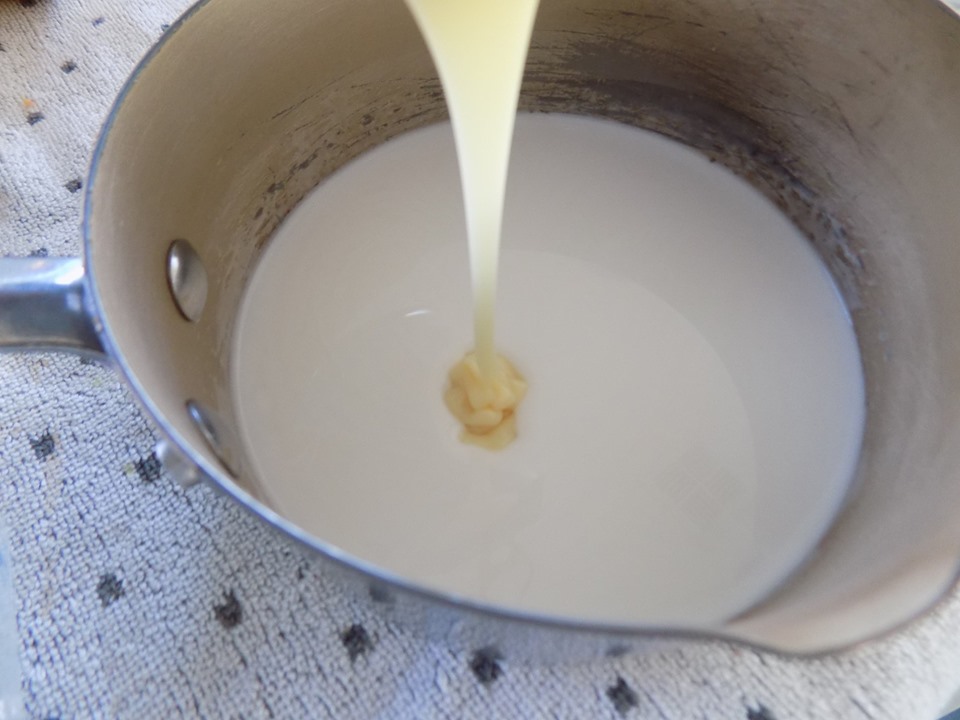 Bước 1: Nước cốt dừa và sữa đặc hòa chung với nhau hâm ấm để nguội.