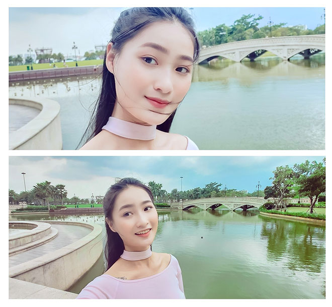 Ảnh selfie góc thường (trên) và góc siêu rộng (dưới) với tầm nhìn khác biệt hoàn toàn nhờ Galaxy A80.