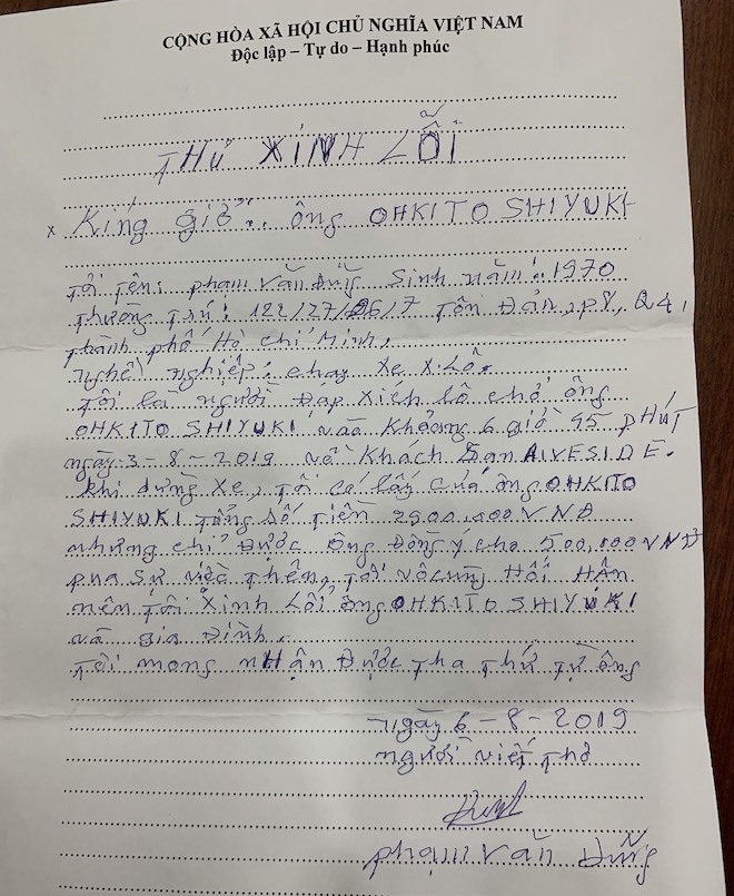 Nội dung thư xin lỗi do tài xế Phạm Văn Dũng viết