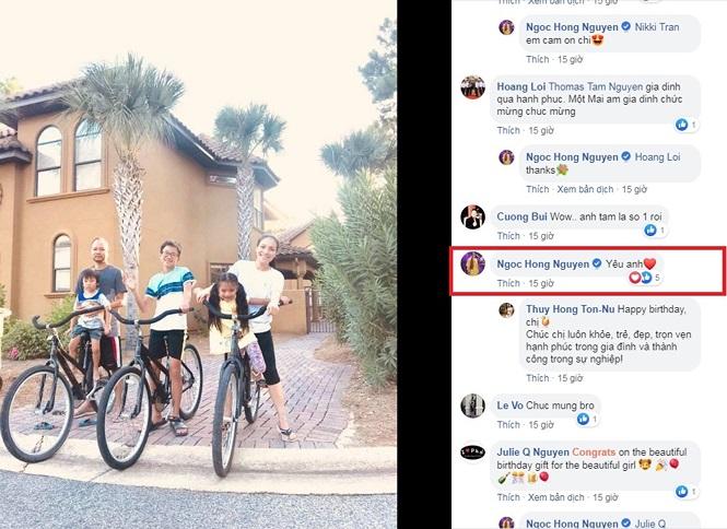 Hồng Ngọc viết: "Yêu anh" bên dưới những chia sẻ tình cảm của chồng.