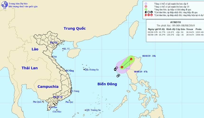 Áp thấp nhiệt đới trên Biển Đông đang bị hút ra ngoài khơi Thái Bình Dương và suy yếu dân. Ảnh Trung tâm Dự báo KTTVQG.