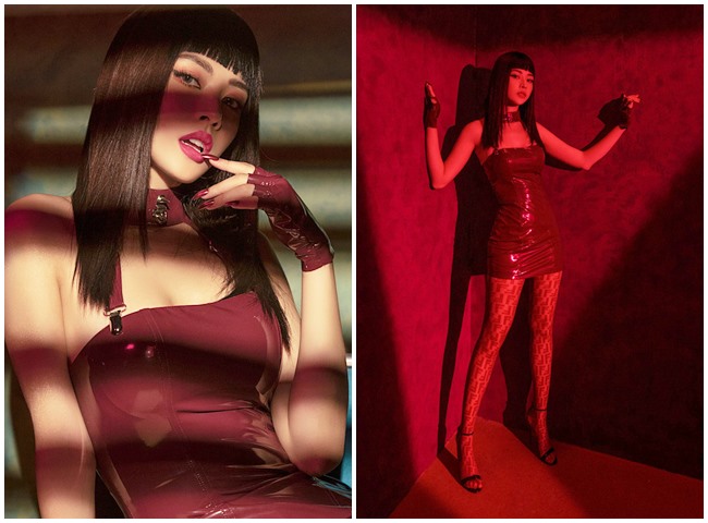 Một chiếc váy bodycon chất liệu da ôm sát khoe đường cong cơ thể một cách hiệu quả nhất. Cô ghi điểm khi mix cùng tất chân hiệu Tom Ford có giá bán khoảng hơn 6 triệu đồng với họa tiết&nbsp;Monogram Logo đình đám của thương hiệu này.&nbsp;