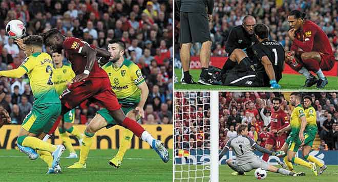 Liverpool hủy diệt Norwich 4 bàn chỉ sau hiệp 1, nhưng mất thủ môn Alisson vì chấn thương