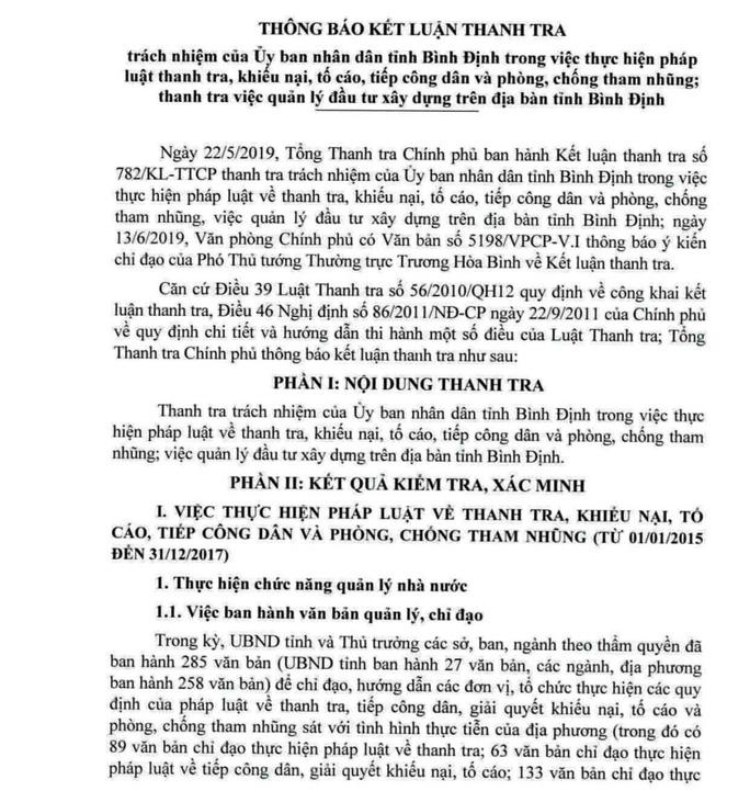 Một phần kết luận của TTCP về trách nhiệm của UBND tỉnh Bình Định.