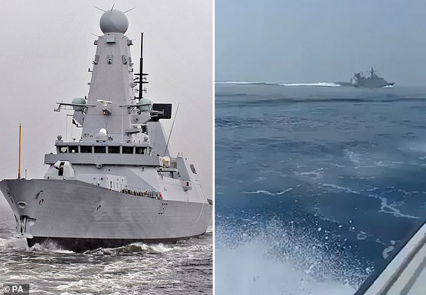 Tàu chiến Anh HMS Duncan (trái) và con tàu lực lượng IRGC của Iran rượt đuổi có nhiều nét không tương đồng