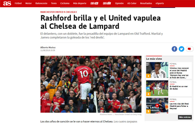 Tờ AS đánh giá cao bản lĩnh sút penalty của Rashford và chê trách cách bố trí đội hình của HLV Lampard