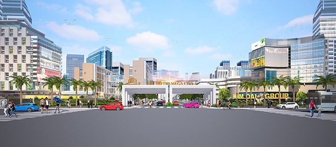 Phối cảnh cổng vào khu đô thị Mega City 2 nằm trên mặt tiền đường 25C