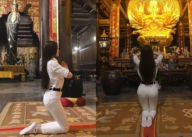 Trước đó, cô còn cư dân mạng &#34;ném đá&#34; vì diện trang phục bó sát làm lộ rõ đường cong cơ thể khi làm lễ. Bị chỉ trích, Thư Dung ngay sau đó đã xóa bài đăng trên trang cá nhân.