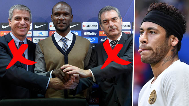 Cựu danh thủ Eric Abidal (giữa) dẫn đầu "phái đoàn" Barca sang Pháp đàm phán mua Neymar
