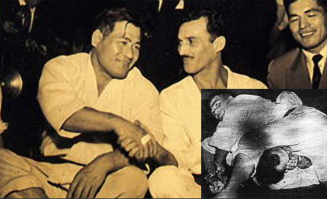 Masahiko Kimura (trái) có trận thắng "kinh thiên động địa" thế kỷ 20 trước "Ông tổ" Jiu-Jitsu (phải)