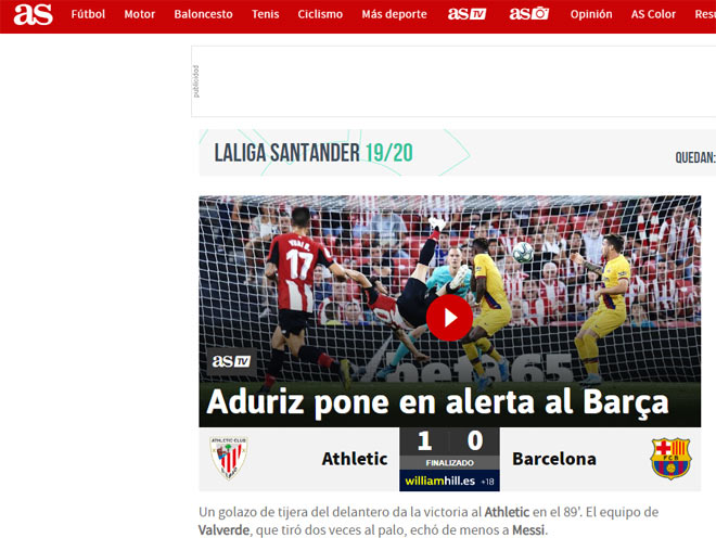 Tờ AS khẳng định Aduriz đã thay phần còn lại của La Liga cảnh báo ĐKVĐ Barcelona không dễ giữ ngai vàng mùa này