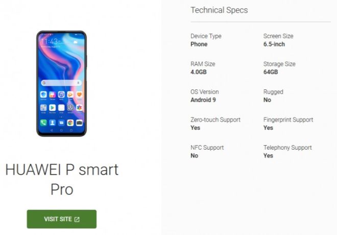 Thông tin P Smart Pro mà Huawei sắp ra mắt trên một trang web của Google.