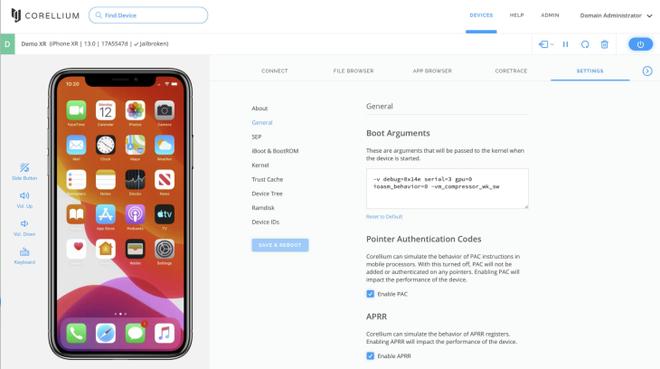 Giao diện giả lập một chiếc iPhone chạy iOS&nbsp;trên trang web của Corellium.