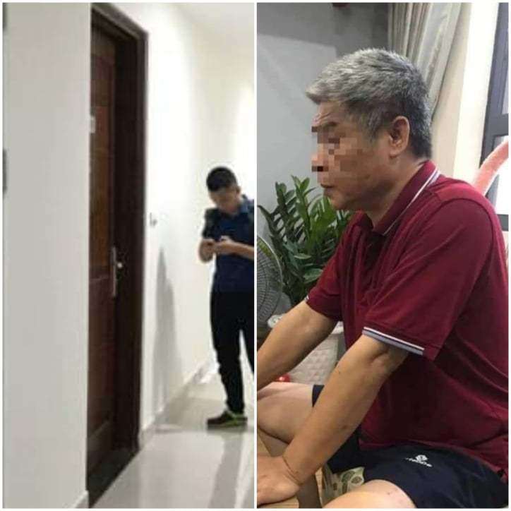 Các phóng viên chờ trước căn hộ của ông Phiến (ngày 21/8) và ảnh ông Phiến do cơ quan chức năng cung cấp (chụp ngày 19/8)