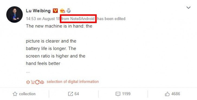 Ngoài ra, Phó chủ tịch Redmi Lu Weibing cũng xác nhận ông đang thử nghiệm chiếc Redmi Note 8 sắp ra mắt. Chiếc smartphone này được cho là đi kèm cảm biến 64 MP đầu tiên. Điện thoại cũng sẽ có pin lâu hơn và tỷ lệ màn hình so với thân máy cao hơn so với phiên bản tiền nhiệm của nó.