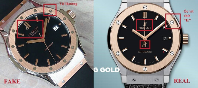Con ốc hình chữ H sắc sảo trên Hublot thật trong khi ốc đồng hồ Hublot fake có chữ H không rõ hoặc hoàn toàn không có hình chữ H