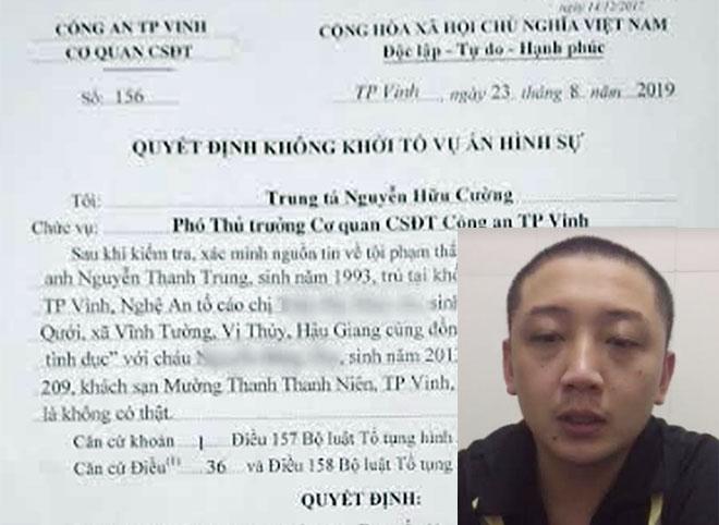 Quyết định không khởi tố vụ án hình sự đối với tin báo tố giác tội phạm của Nguyễn Thanh Trung của Cơ quan CSĐT Công an TP Vinh.