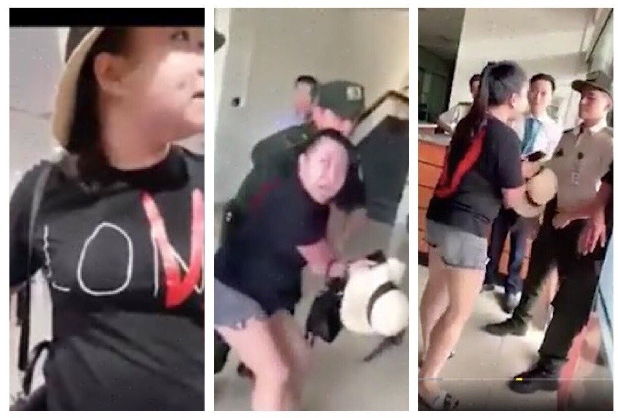 Bà Lê Thị Hiền liên tục xúc phạm nhân viên hàng không, thậm chí chống đối, xô đẩy, túm tóc nhân viên an ninh hàng không ngày 11/8 (Hình ảnh cắt từ clip)