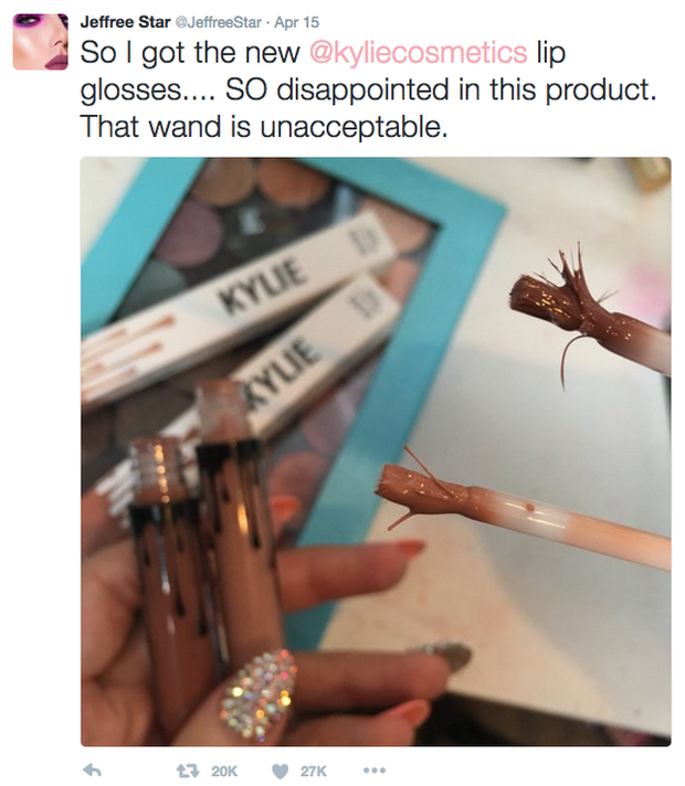 Jeffree Star chia sẻ trên Twitter rằng mình nhận phải sản phẩm kém chất lượng. 