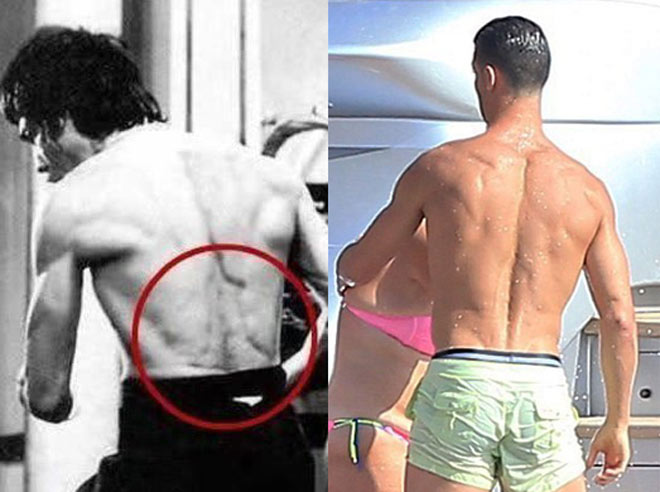 Lý Tiểu Long (trái) cơ lưng hình "cây thông" ít ai có, Ronaldo (phải) hẳn phải thèm muốn "điểm vàng" này