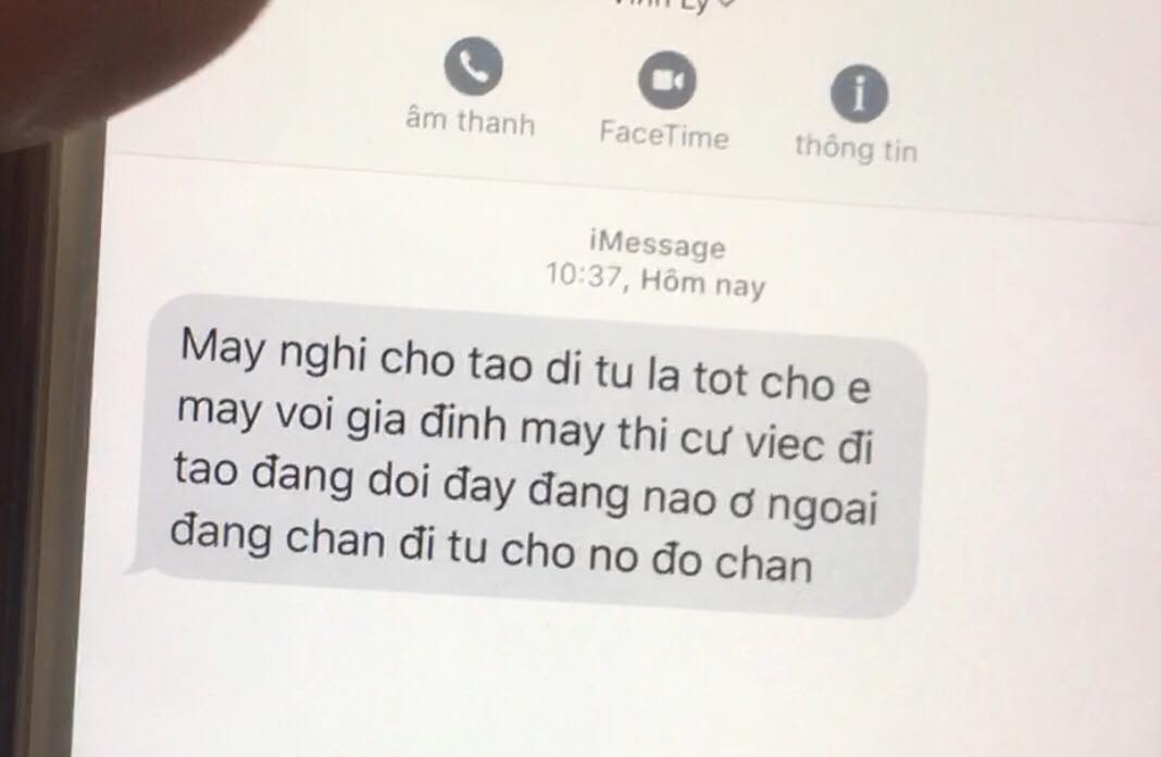 Một trong những tin nhắn chị H nhận được sau khi gia đình trình báo việc chị Lý bị chồng bạo hành.
