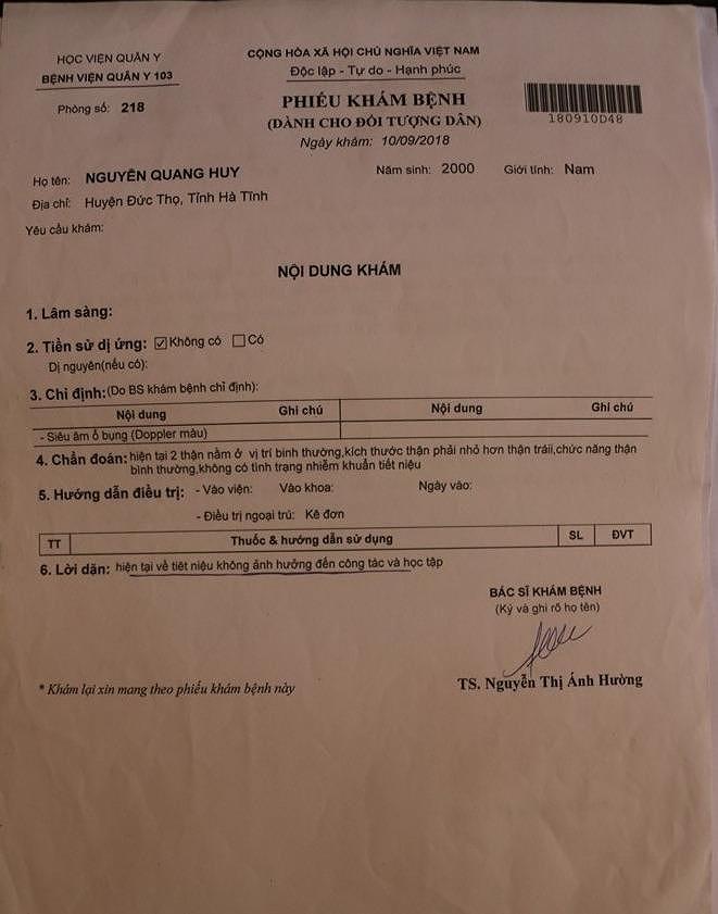 Kết quả khám sức khỏe của Huy tại bệnh viện 103 - Bộ Quốc phòng.