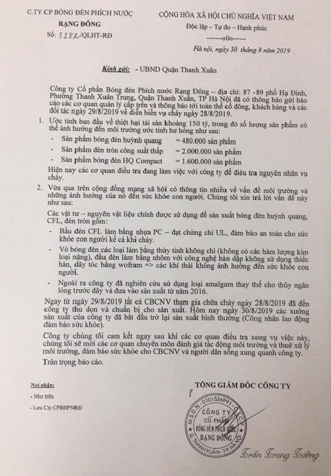 Văn bản báo của công ty về việc thủy ngân kịch độc đang phát tán ra ngoài môi trường