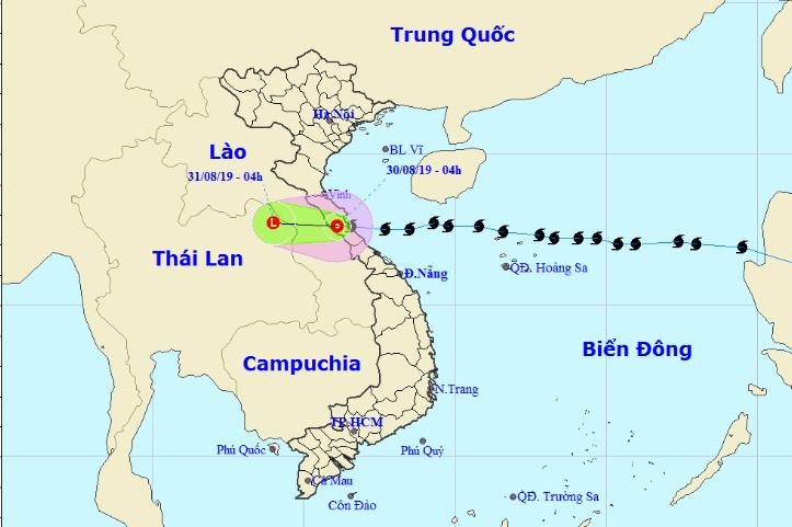 Vị trí và hướng di chuyển tiếp theo của áp thấp nhiệt đới suy yếu từ bão số 4. Ảnh: Trung tâm Dự báo KTTVQG.