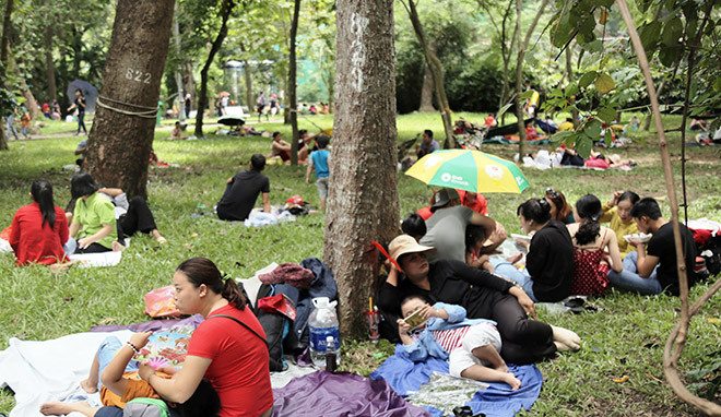 Lượng khách đổ dồn về quá đông nên ghế đá trong Thảo Cầm Viên không đủ để phục vụ. Có hàng trăm người mang theo cả chiếu, võng và thức ăn đem vào viên ăn uống, ngủ nghỉ. Càng về trưa trời nắng càng gắt nhưng lượng đổ về đông nên rất nhiều người tỏ ra mệt mỏi, trải chiếu, bạt nằm vật vạ trên bãi cỏ.