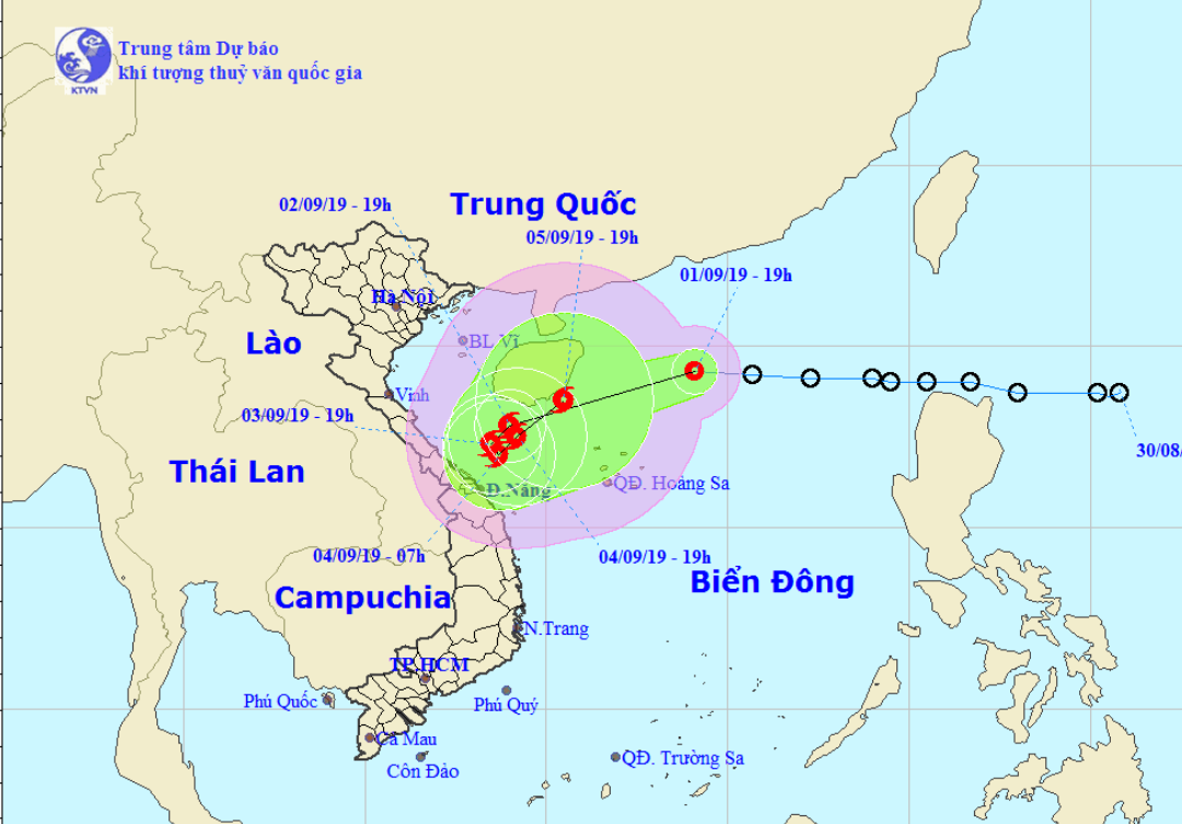 Vị trí và hướng di chuyển của áp thấp nhiệt đới trên Biển Đông. Ảnh Trung tâm Dự báo KTTVQG.
