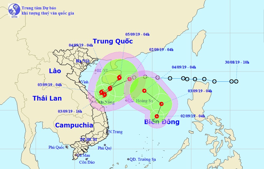 Vị trí và hướng di chuyển tiếp theo của 2 áp thấp nhiệt đới trên Biển Đông. Ảnh Trung tâm Dự báo KTTVQG.