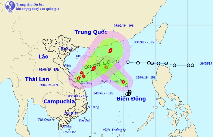 Vị trí và hướng di chuyển tiếp theo của 2 áp thấp nhiệt đới trên Biển Đông. Ảnh Trung tâm Dự báo KTTVQG.