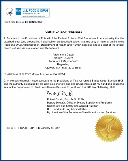 Sản phẩm đã được chứng nhận bởi FDA- Cục quản lý Thực phẩm và Dược phẩm Hoa Kì