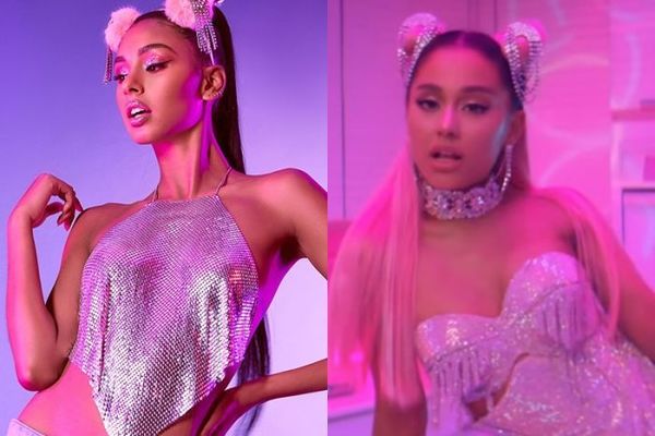Hình ảnh đạo nhái (bên trái) và tạo hình của Ariana Grande trong MV "7 Rings" (bên phải). 