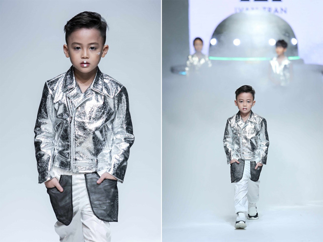 Cậu bé cũng có dịp khoe khả năng catwalk khi trình diễn cho BST của NTK Ivan Trần. Tạo hình ấn tượng của Lạc Thiên cùng sự điềm tĩnh, tự tin trên sàn catwalk chính là những yếu tố thu hút sự chú ý của siêu mẫu Xuân Lan.