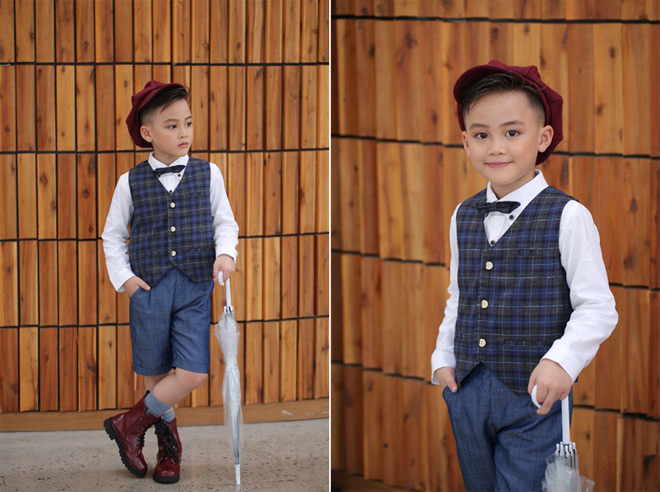 Lạc Thiên cũng rất dạn dĩ trước ống kính. Chỉ cần Xuân Lan hướng dẫn tạo dáng một chút là cậu bé đã tự tin “diễn” cùng đạo cụ để cho ra đời những bức hình thời trang ấn tượng.