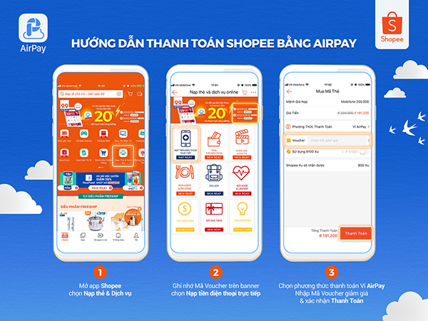 Hướng dẫn thanh toán bằng Ví AirPay tại mục “Nạp Thẻ và Dịch Vụ” trên ứng dụng Shopee để nhận ngay ưu đãi lên đến 20%.