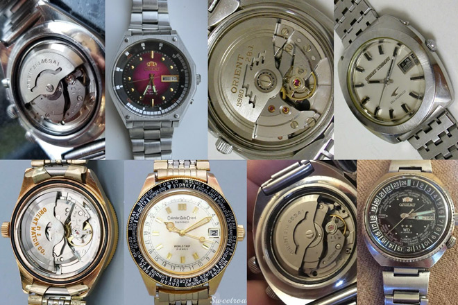 Ngoài chuyện chiếc đồng hồ Orient cổ giá bao nhiêu, nó còn hoạt động tốt hay không cũng phải rõ ràng. Hơn 2 chức năng hỏng, vỏ ngoài xuống cấp trầm trọng thì chỉ nên trả 20-40% so với bình thường. (Từ trái sang, từ trên xuống: SK mặt lửa, Tenbeat, Calendar Auto, World Diver và bộ máy của chúng)