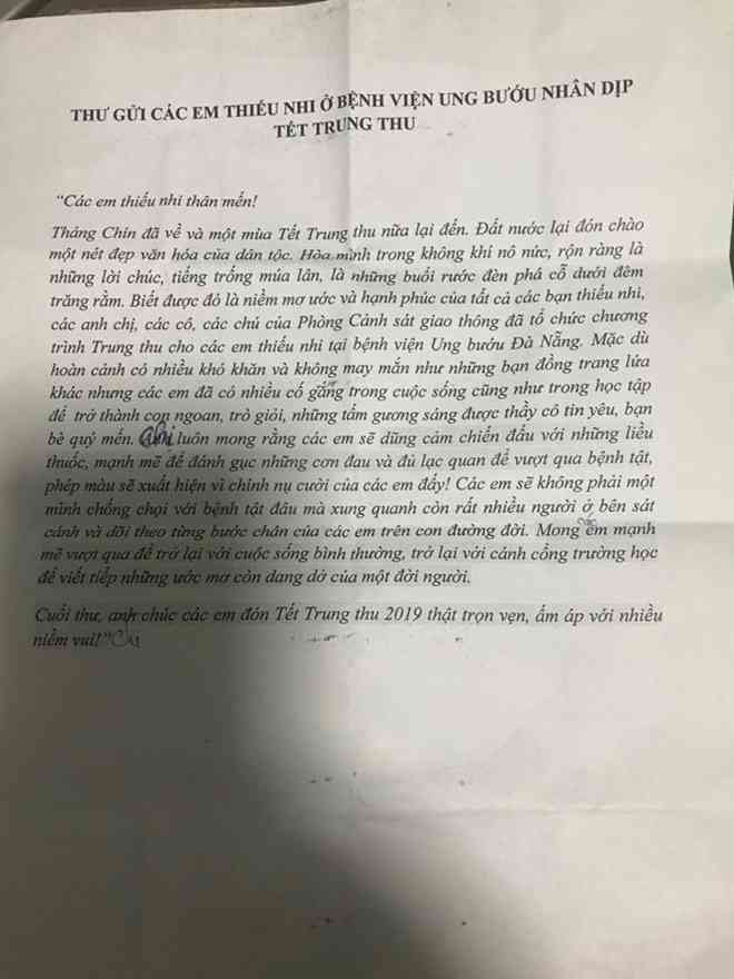 Bức thư xúc động của một nữ chiến sĩ CSGT Đà Nẵng gửi các bệnh nhi Ung Bướu Đà Nẵng nhân dịp Tết Trung thu.
