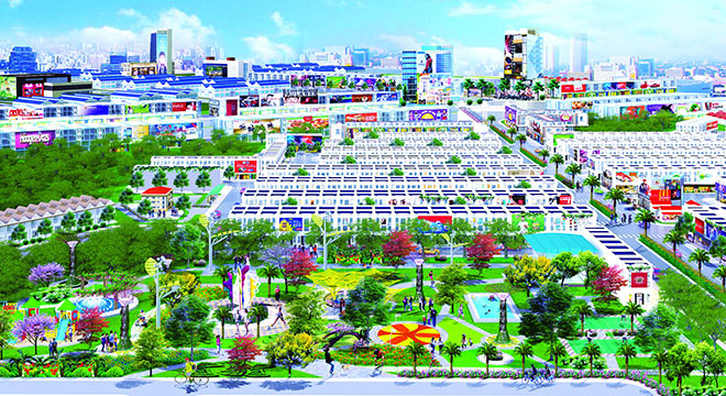 Phối cảnh tổng thể khu đô thị Hana Garden Mall nhìn từ công viên trung tâm Hana Garden Park