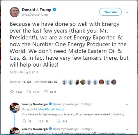 Dòng Twitter gây tranh cãi của Tổng thống Donald Trump về khả năng sản xuất dầu của Mỹ (ảnh Twitter)