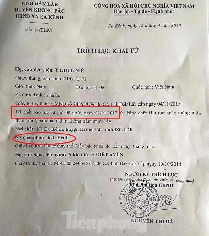 Trích lục khai tử ông&nbsp;Y Đuel Niê do UBND xã Ea Kênh xác nhận