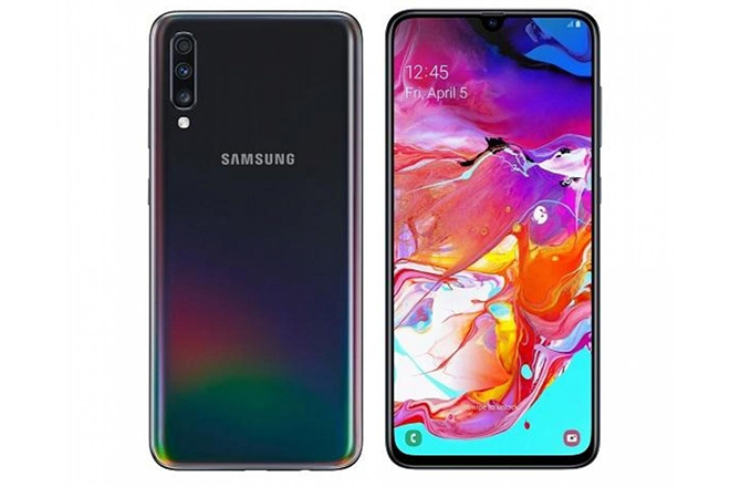 Ở mặt trước, Galaxy A70s sẽ có màn hình hiển thị hình giọt nước với đầu đọc dấu vân tay bên dưới.