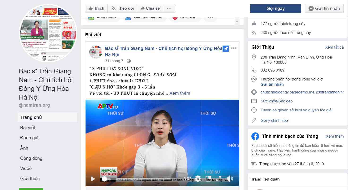 Trên trang Fanpage “Bác sĩ Trần Giang Nam – Chủ tịch hội Đông Y Ứng Hòa” quảng cáo video giới thiệu bài thuốc dài 5 phút nhằm đánh lừa người xem.