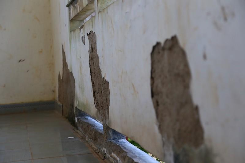 Những mảng bê tông tường bị hỏng, bong tróc.