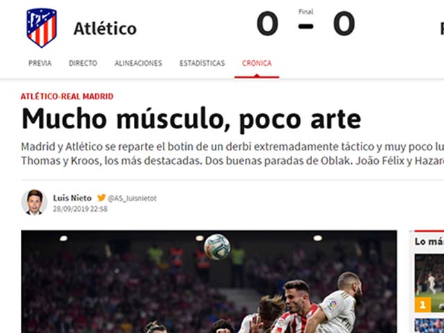 Bóng đá - Derby Madrid bất phân thắng bại: Báo TBN chê trận cầu "nhiều cơ bắp"